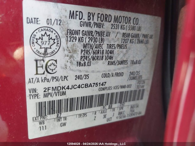 12594828 :رقم المزاد ، 2FMDK4JC4CBA75147 vin ، 2012 Ford Edge Sel مزاد بيع