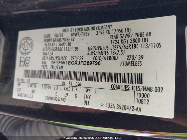 1FTFW1EGXJFD89796 Ford F-150 Xlt