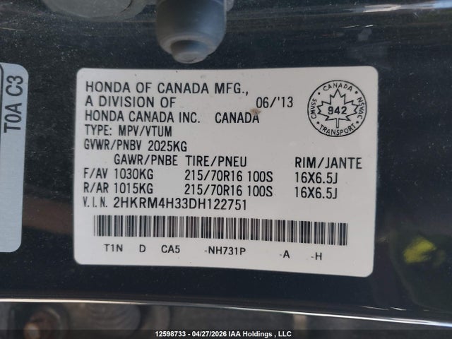 Продажа на аукционе авто 2013 Honda Cr-v Lx, vin: 2HKRM4H33DH122751, номер лота: 12598733