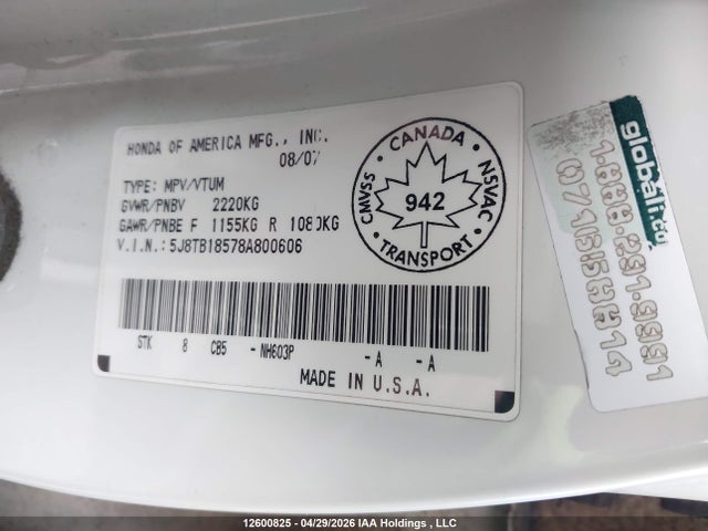 12600825 :رقم المزاد ، 5J8TB18578A800606 vin ، 2008 Acura Rdx مزاد بيع