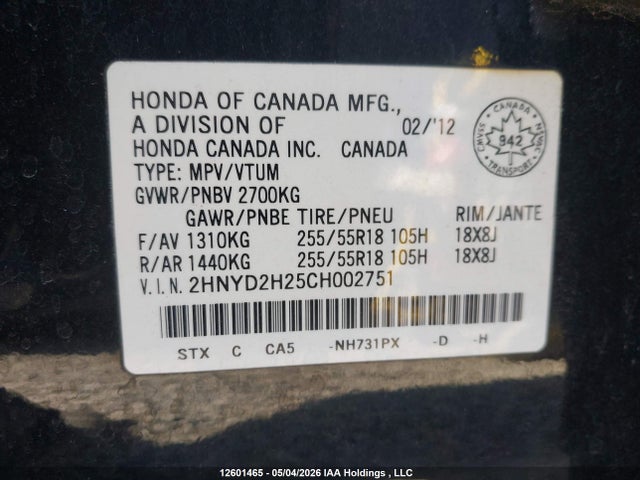 12601465 :رقم المزاد ، 2HNYD2H25CH002751 vin ، 2012 Acura Mdx مزاد بيع