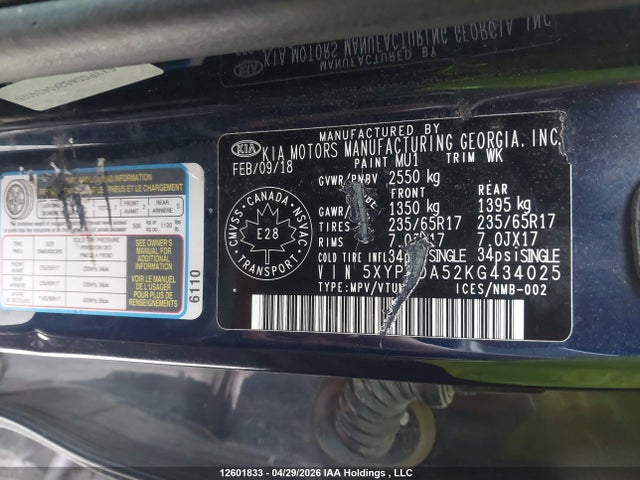 5XYPGDA52KG434025 KIA Sorento 2.4l Lx/3.3l Lx