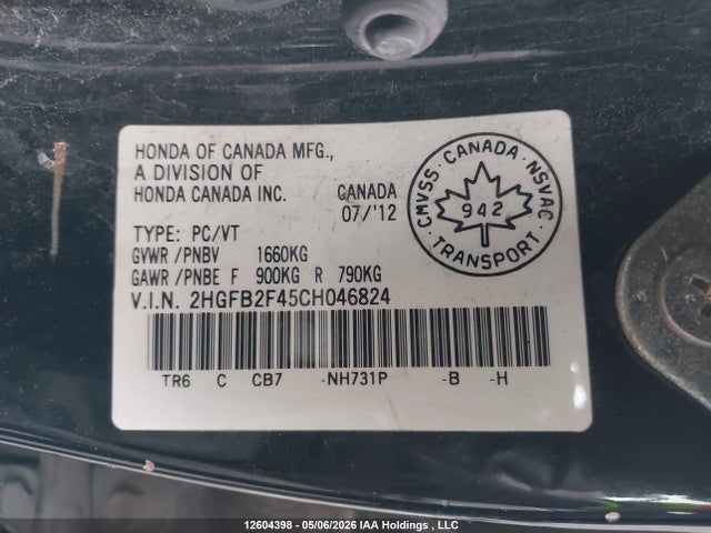 2012 Honda Civic Lx მანქანა იყიდება აუქციონზე, vin: 2HGFB2F45CH046824, აუქციონის ნომერი: 12604398