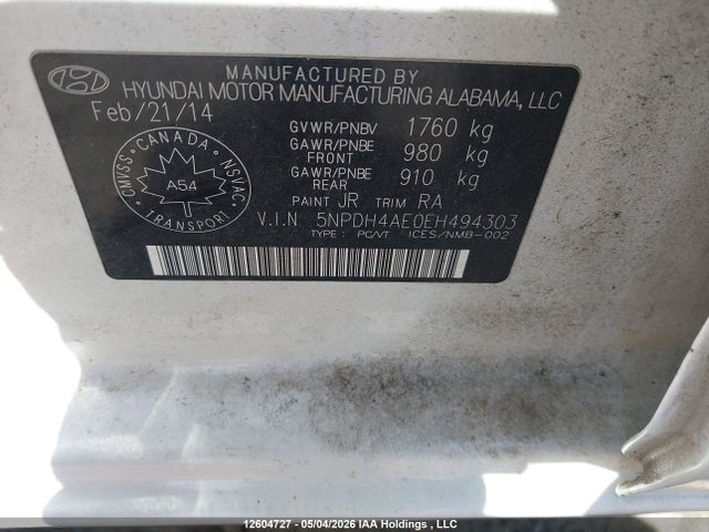 5NPDH4AE0EH494303 Hyundai ELANTRA GL