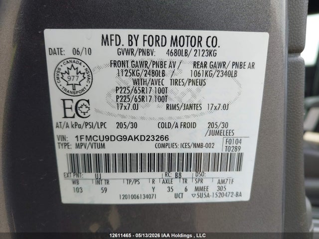 2010 Ford Escape Xlt მანქანა იყიდება აუქციონზე, vin: 1FMCU9DG9AKD23266, აუქციონის ნომერი: 12611465