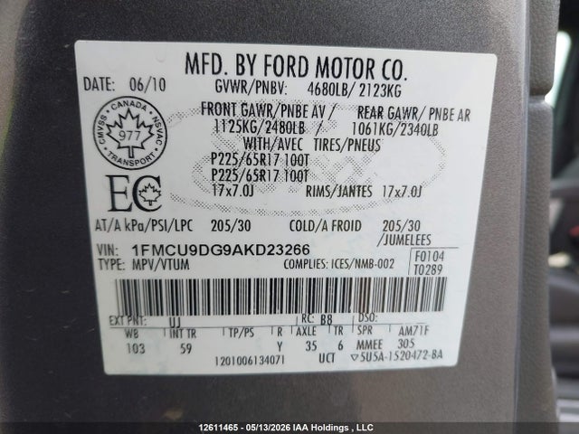 2010 Ford Escape Xlt მანქანა იყიდება აუქციონზე, vin: 1FMCU9DG9AKD23266, აუქციონის ნომერი: 12611465