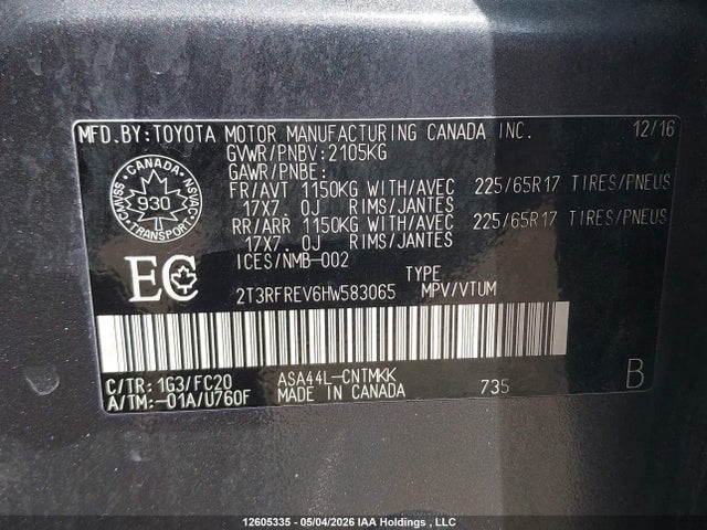 2017 Toyota Rav4 Xle მანქანა იყიდება აუქციონზე, vin: 2T3RFREV6HW583065, აუქციონის ნომერი: 12605335