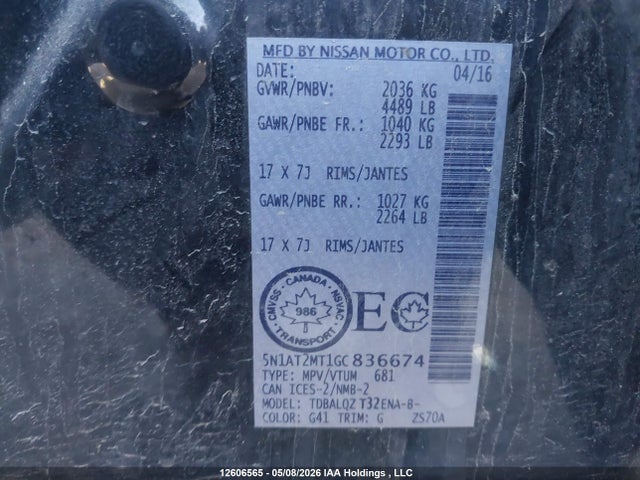 Продаж на аукціоні авто 2016 Nissan Rogue S/sv, vin: 5N1AT2MT1GC836674, номер лоту: 12606565
