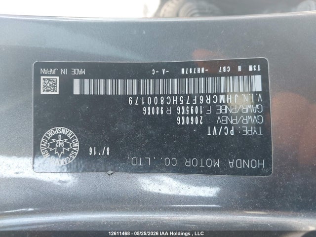 12611468 :رقم المزاد ، JHMCR6F75HC800179 vin ، 2017 Honda Accord Touring Hybrid مزاد بيع