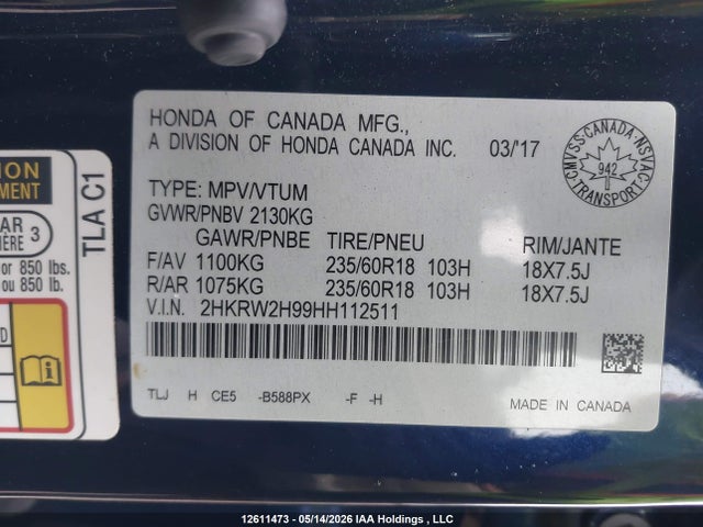 Продаж на аукціоні авто 2017 Honda Cr-v Touring, vin: 2HKRW2H99HH112511, номер лоту: 12611473