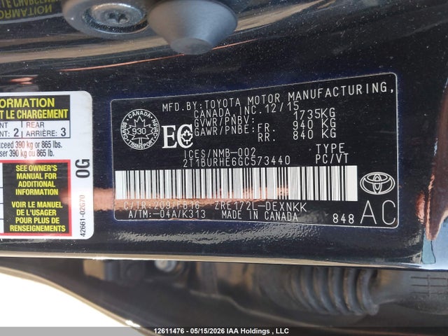 12611476 :رقم المزاد ، 2T1BURHE6GC573440 vin ، 2016 Toyota Corolla L/le/le Pls/prm/s/s Pls مزاد بيع