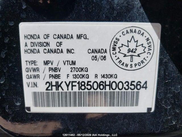 Aukcja sprzedaży 2006 Honda Pilot Ex, vin: 2HKYF18506H003564, numer aukcji: 12611482