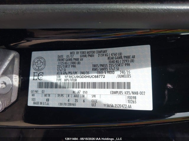 12611484 :رقم المزاد ، 1FMCU9GD0HUC68772 vin ، 2017 Ford Escape Se مزاد بيع