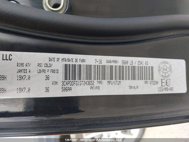 Auction sale of the 2016 Dodge Journey R/t, vin: 3C4PDDFG1GT243652, lot number: 12611487
