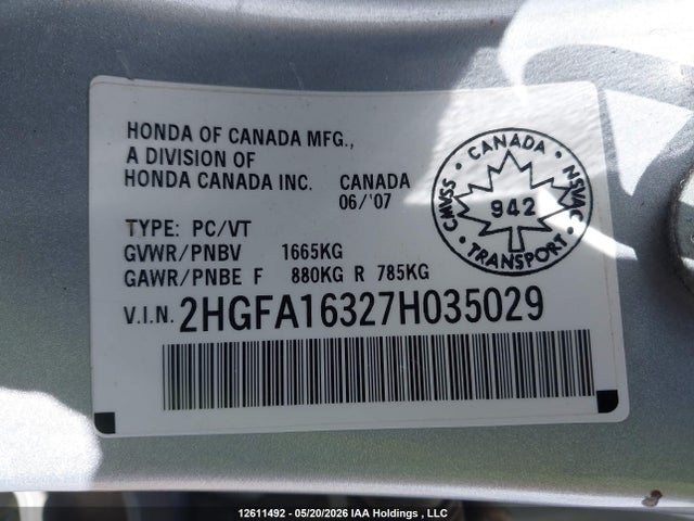 12611492 :رقم المزاد ، 2HGFA16327H035029 vin ، 2007 Honda Civic Dx-g مزاد بيع