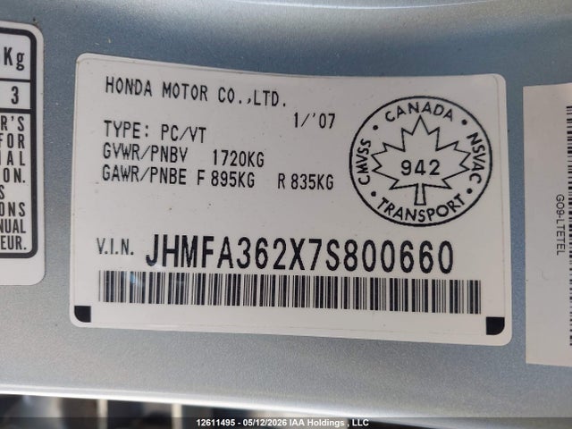 12611495 :رقم المزاد ، JHMFA362X7S800660 vin ، 2007 Honda Civic Hybrid مزاد بيع
