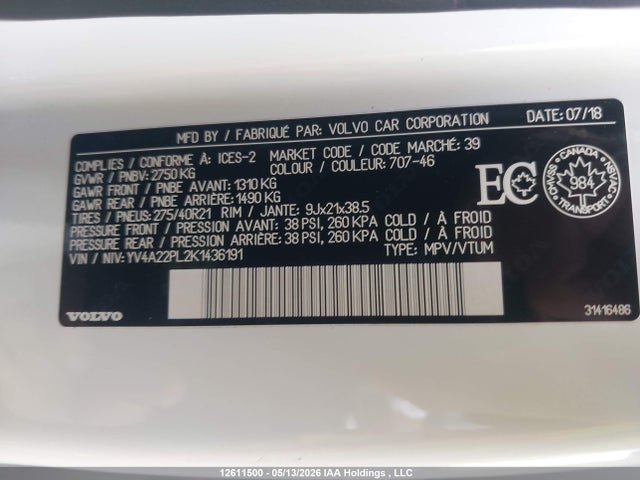 12611500 :رقم المزاد ، YV4A22PL2K1436191 vin ، 2019 Volvo Xc90 T6 Inscription مزاد بيع
