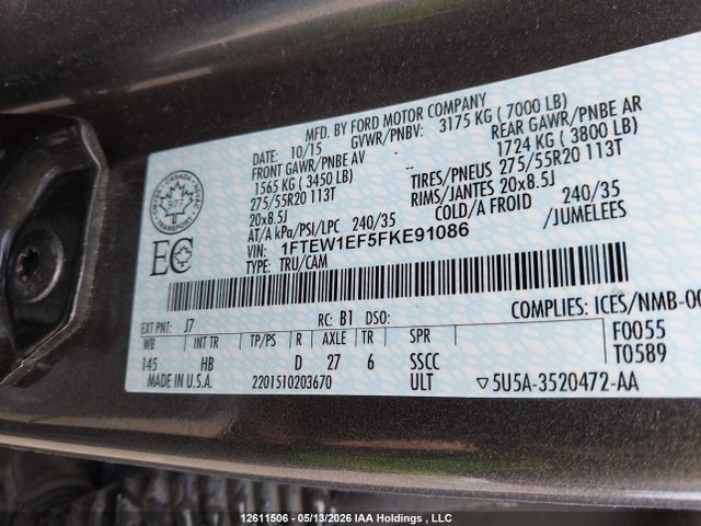 1FTEW1EF5FKE91086 Ford F-150 Lariat