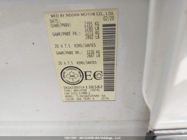 12611507 :رقم المزاد ، 5N1AZ2DS7LN136582 vin ، 2020 Nissan Murano Platinum مزاد بيع