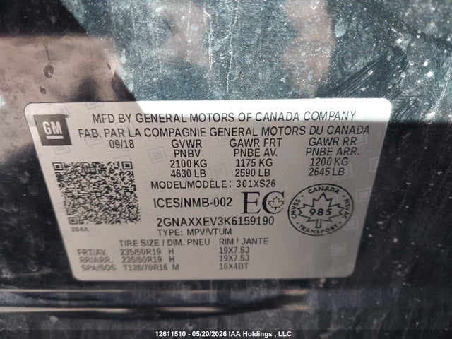 Aukcja sprzedaży 2019 Chevrolet Equinox Premier, vin: 2GNAXXEV3K6159190, numer aukcji: 12611510