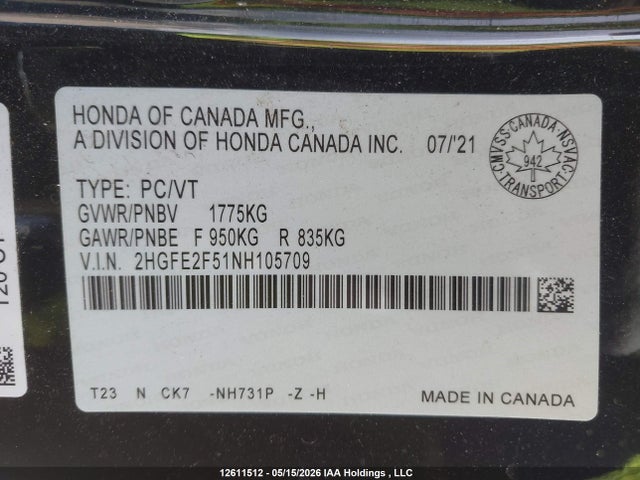 Продаж на аукціоні авто 2022 Honda Civic Sport, vin: 2HGFE2F51NH105709, номер лоту: 12611512