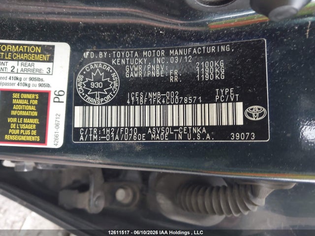 Auction sale of the 2012 Toyota Camry, vin: 4T1BF1FK4CU078571, lot number: 12611517
