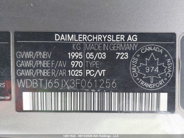 2003 Mercedes-benz Clk 320c მანქანა იყიდება აუქციონზე, vin: WDBTJ65JX3F061256, აუქციონის ნომერი: 12611522