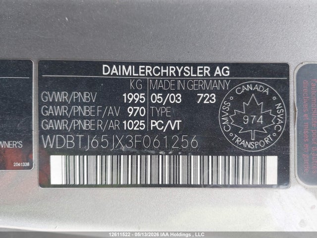 2003 Mercedes-benz Clk 320c მანქანა იყიდება აუქციონზე, vin: WDBTJ65JX3F061256, აუქციონის ნომერი: 12611522