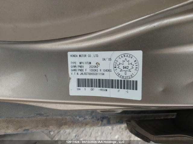 Aukcja sprzedaży 2005 Honda Cr-v Ex, vin: JHLRD78865C811194, numer aukcji: 12611524