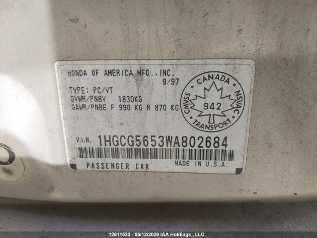 Продажа на аукционе авто 1998 Honda Accord Ex, vin: 1HGCG5653WA802684, номер лота: 12611533