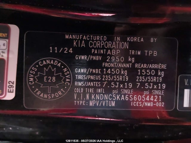 2025 Kia Carnival Ex მანქანა იყიდება აუქციონზე, vin: KNDNC5KA6S6054421, აუქციონის ნომერი: 12611535