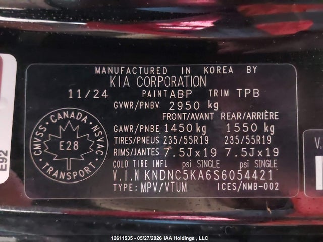 2025 Kia Carnival Ex მანქანა იყიდება აუქციონზე, vin: KNDNC5KA6S6054421, აუქციონის ნომერი: 12611535