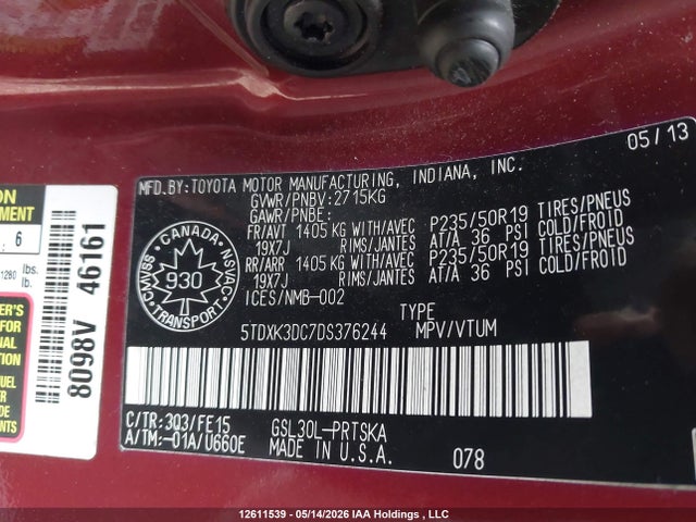 12611539 :رقم المزاد ، 5TDXK3DC7DS376244 vin ، 2013 Toyota Sienna Sport مزاد بيع
