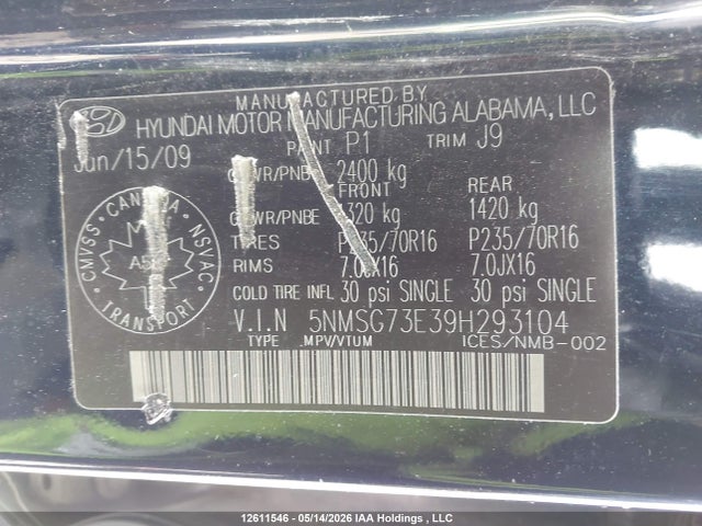 2009 Hyundai Santa Fe Gl/gls მანქანა იყიდება აუქციონზე, vin: 5NMSG73E39H293104, აუქციონის ნომერი: 12611546