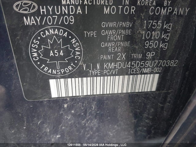 Aukcja sprzedaży 2009 Hyundai Elantra Gl/l, vin: KMHDU45D59U770382, numer aukcji: 12611558