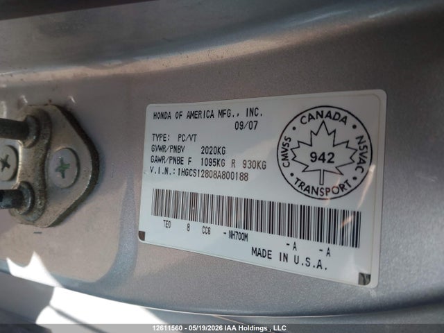 Продаж на аукціоні авто 2008 Honda Accord Exl, vin: 1HGCS12808A800188, номер лоту: 12611560