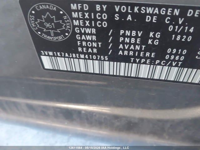 2014 Volkswagen Jetta S მანქანა იყიდება აუქციონზე, vin: 3VW1K7AJ8EM410755, აუქციონის ნომერი: 12611564