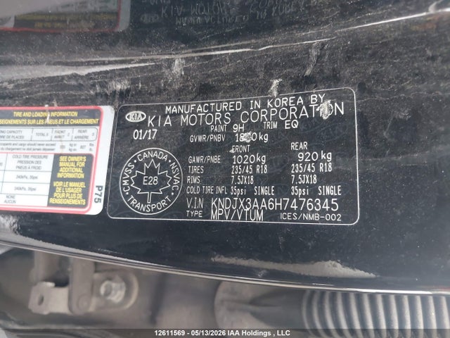 12611569 :رقم المزاد ، KNDJX3AA6H7476345 vin ، 2017 Kia Soul ! مزاد بيع