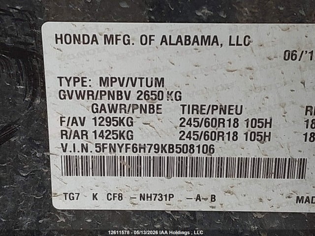 5FNYF6H79KB508106 Honda PILOT EXL