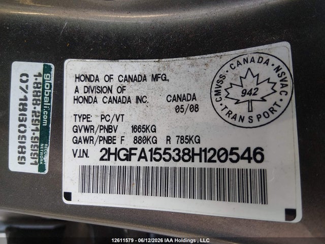 Продажа на аукционе авто 2008 Honda Civic Lx, vin: 2HGFA15538H120546, номер лота: 12611579
