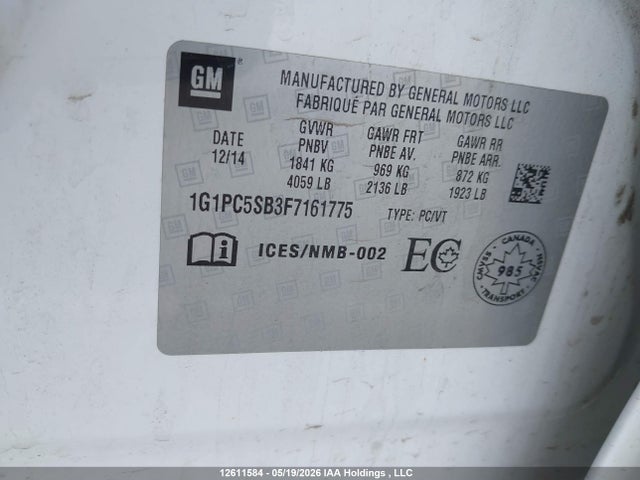 Aukcja sprzedaży 2015 Chevrolet Cruze 1lt, vin: 1G1PC5SB3F7161775, numer aukcji: 12611584