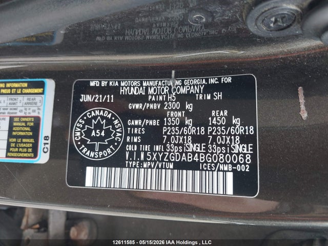 12611585 :رقم المزاد ، 5XYZGDAB4BG080068 vin ، 2011 Hyundai Santa Fe Gl 2.4 Premium مزاد بيع