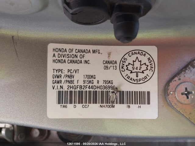 12611595 :رقم المزاد ، 2HGFB2F44DH036996 vin ، 2013 Honda Civic Lx مزاد بيع