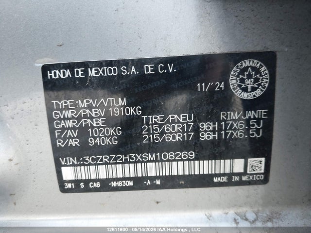 2025 Honda Hr-v Lx Awd მანქანა იყიდება აუქციონზე, vin: 3CZRZ2H3XSM108269, აუქციონის ნომერი: 12611600