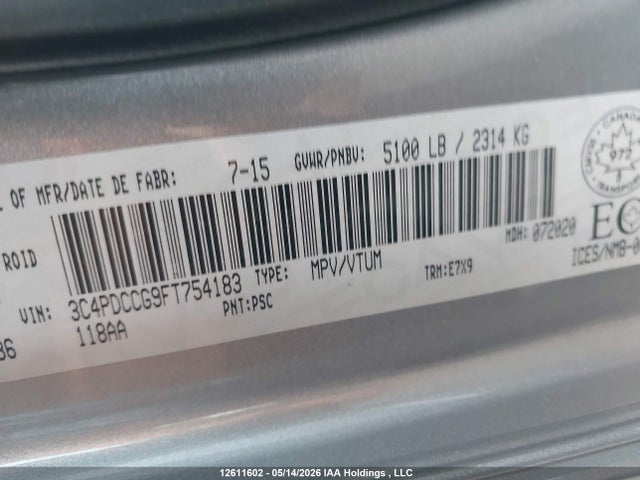 12611602 :رقم المزاد ، 3C4PDCCG9FT754183 vin ، 2015 Dodge Journey Sxt مزاد بيع
