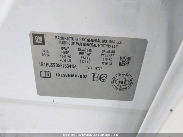 2014 Chevrolet Cruze 1lt მანქანა იყიდება აუქციონზე, vin: 1G1PC5SB5E7334159, აუქციონის ნომერი: 12611603