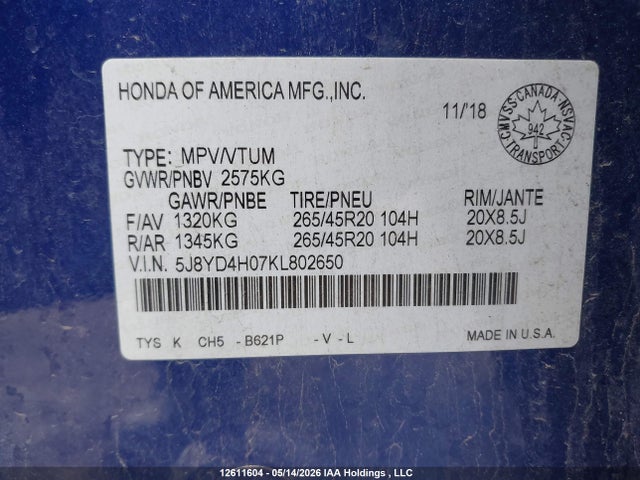 5J8YD4H07KL802650 Acura Mdx A-spec/elite