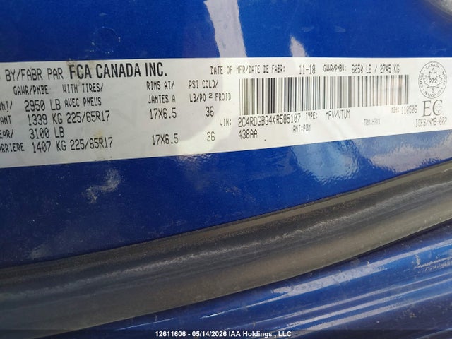 12611606 :رقم المزاد ، 2C4RDGBG4KR585107 vin ، 2019 Dodge Grand Caravan Cvp/sxt مزاد بيع