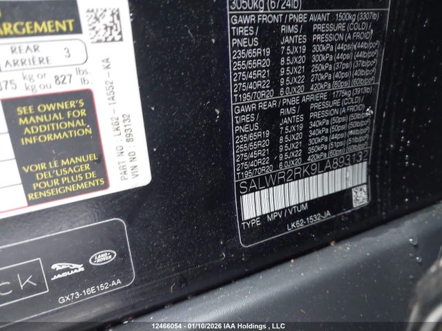 Aukcja sprzedaży 2020 Land Rover Range Rover Sport Hse/hse Dynamic, vin: SALWR2RK9LA893132, numer aukcji: 12466054