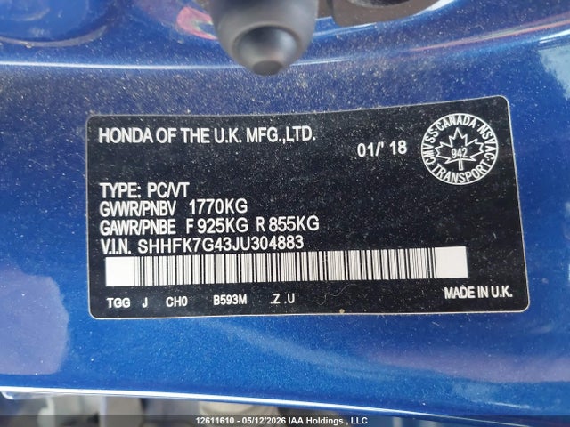 2018 Honda Civic Sport მანქანა იყიდება აუქციონზე, vin: SHHFK7G43JU304883, აუქციონის ნომერი: 12611610